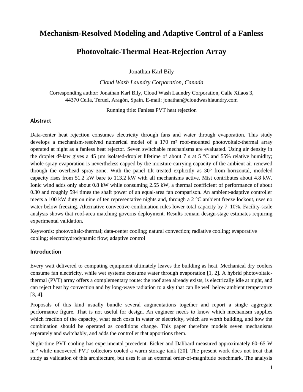 First page of the current mechanism-resolved fanless photovoltaic-thermal heat-rejection manuscript